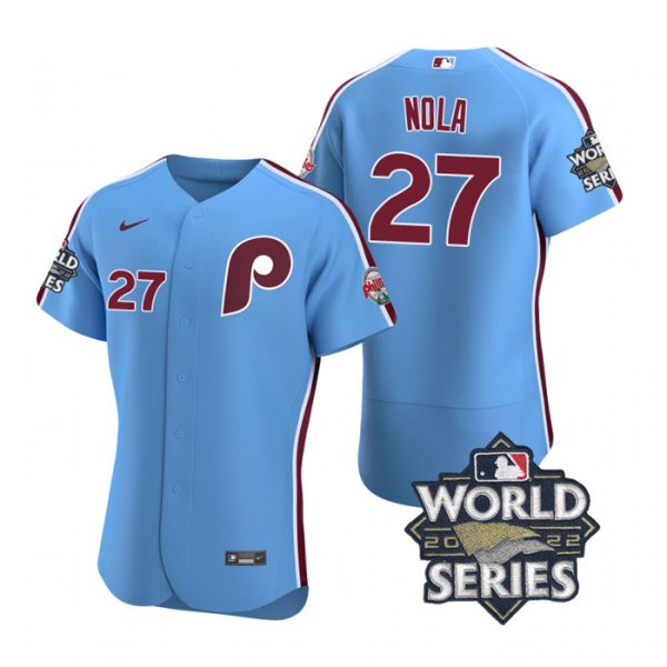 Phillies 27 Aaron Nola Blue Nike 2022 World Series Flexbase Jersey,We sell and wholesale Phillies 27 Aaron Nola Blue Nike 2022 World Series Flexbase Jersey on line form chian!